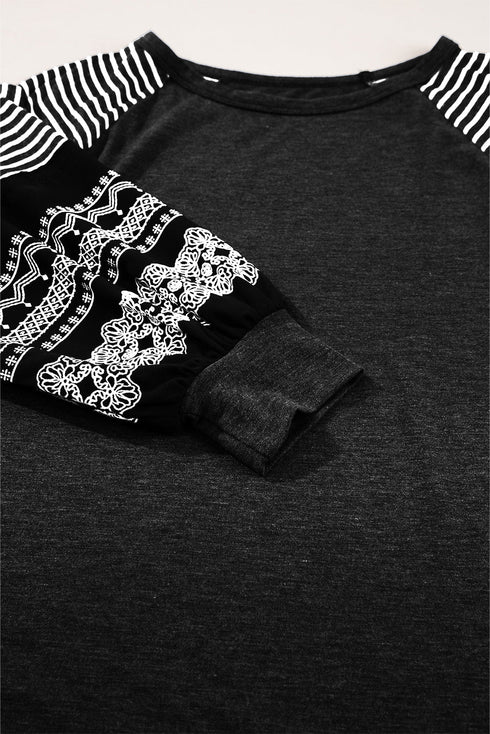 Contrast Print Striped Raglan Crew Neck Loose Long Sleeve Top